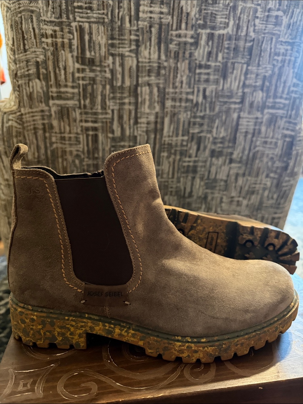 Josef Seibel Taupe Suede Chelsea Boot with Olive-Patterned Sole